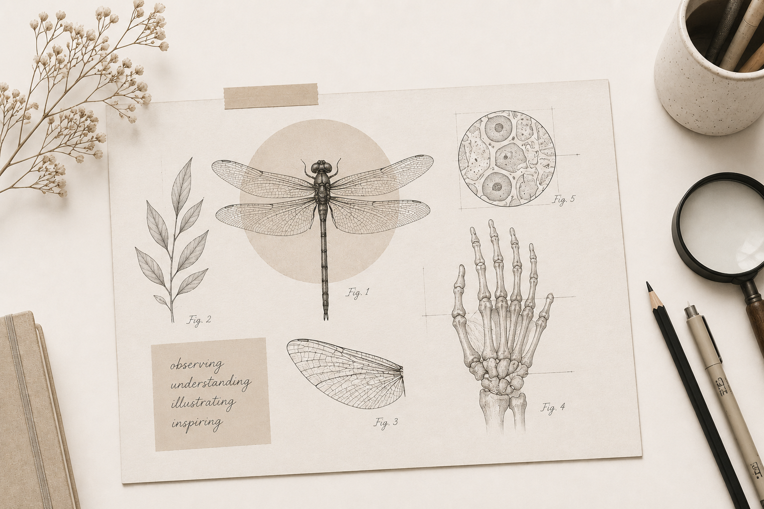 Botanical illustration sheet with dragonfly and anatomical diagrams, surrounded by pencils, magnifying glass, and dried flowers.